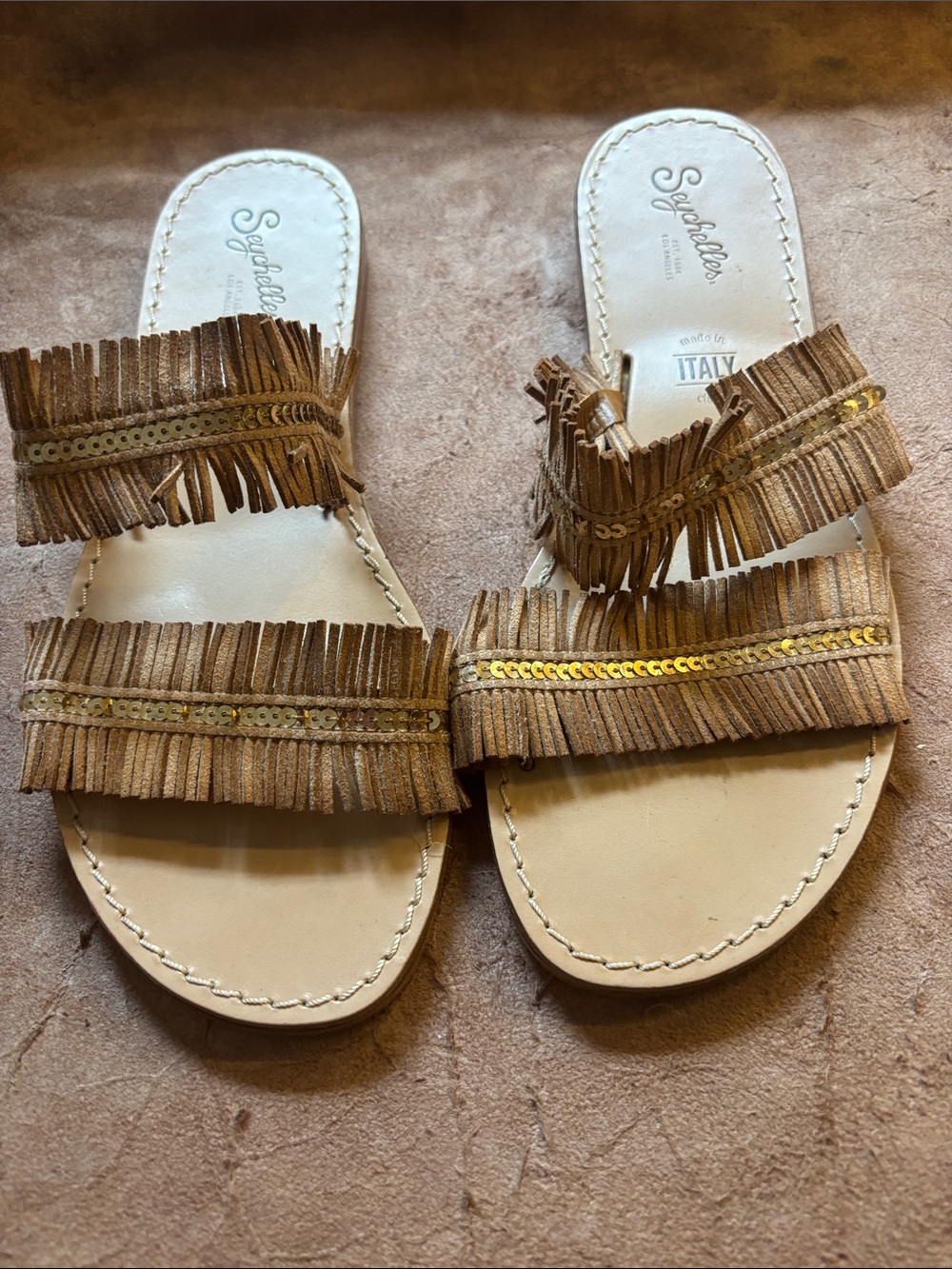 Seychelles Brown Fringe Slide Sandals with Gold Sequin Band